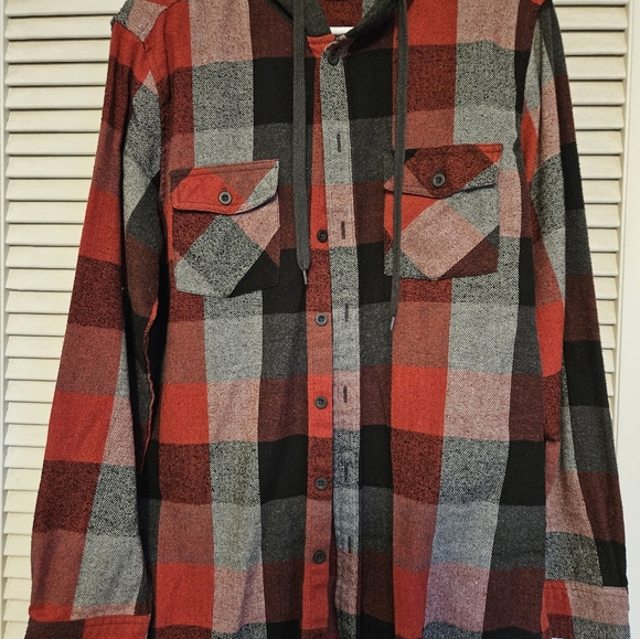 Reverse button down flannel with hoodie - Picture 1 of 3